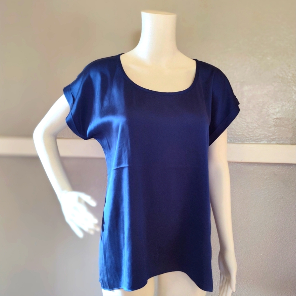 Eileen Fisher Blue Silk Small Short Sleeve Blouse